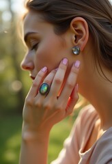 Woman with Labradotite Ring and Earrings in a Sunny Park Close Up
