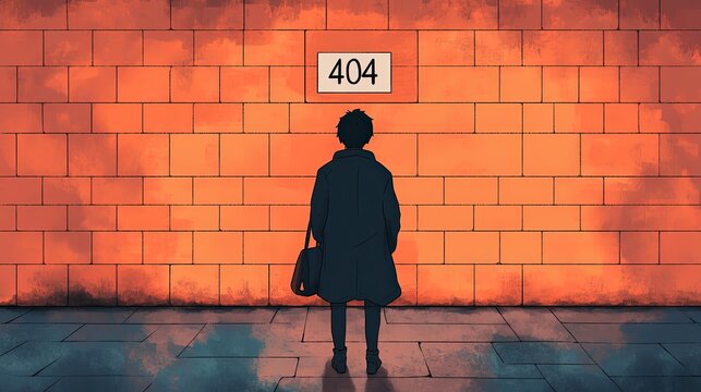 Silhouette of a man wandering among pixelated walls marked with 404, exploring themes of loss and confusion in a digital landscape. 404 Day
