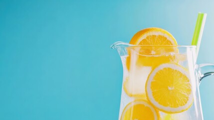 Refreshing pitcher of lemonade with lemon slices and a straw against a bright blue background