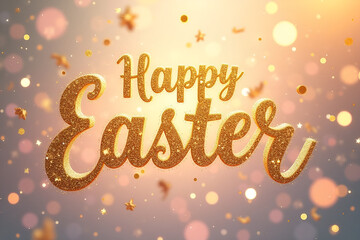 A dazzling Easter greeting: "Happy Easter" in bold, golden calligraphy with a sparkling texture, surrounded by floating confetti and soft glowing particles. The background features a dreamy bokeh 