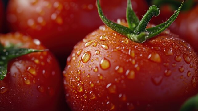 Fresh red tomatoes glistening with droplets of water in a vibrant display showcasing their juiciness and freshness. Fresh Florida Tomato Month