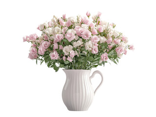 A bouquet of delicate pink flowers arranged in a white pitcher. isolated on white background and transparent background