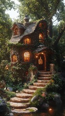 Fototapeta premium Magical fairytale wizard cottage with stone walls for phone wallpaper