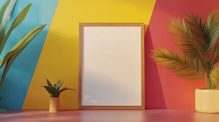 Blank frame mockup on colorful wall with plants.