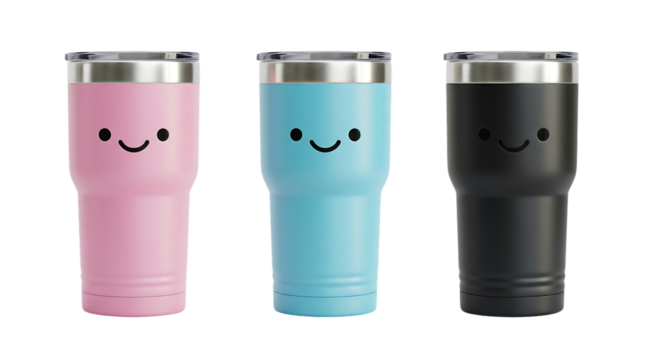 Happy Smiling Face Tumblers Set Pink Blue Black Stainless Steel Travel Mugs Tea Fun Eco Cute Home   