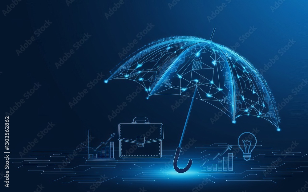 Poster digital shield: a futuristic digital umbrella, formed by interconnected lines and glowing nodes, shi