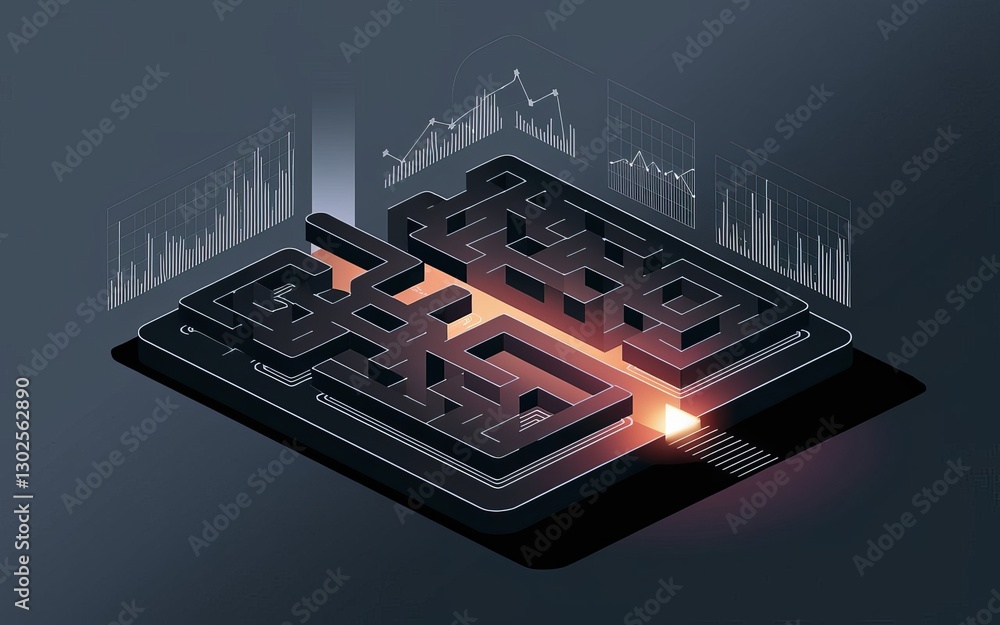 Poster navigating the labyrinth of data: an isometric illustration depicts a complex maze overlaid with dat