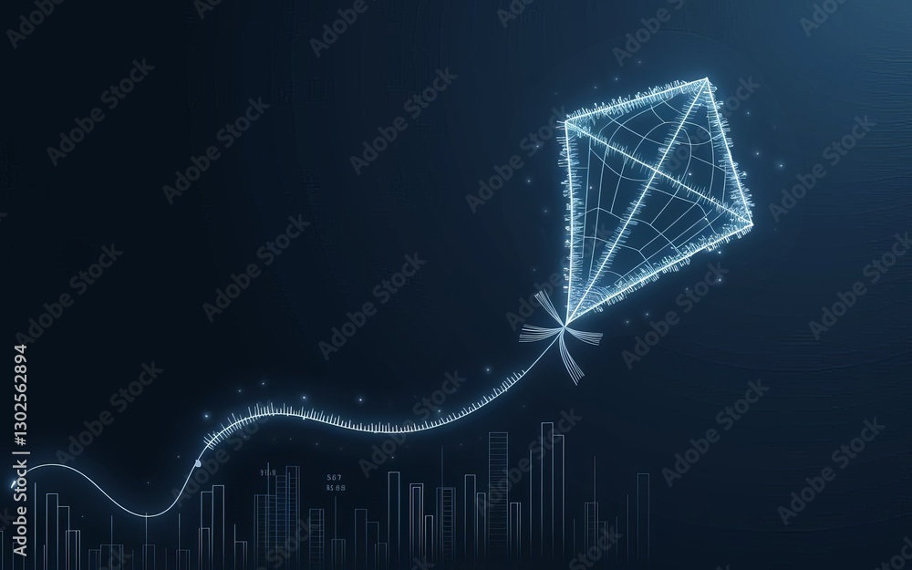 Poster kite of technology: a digital rendition of a kite soars against a backdrop of data-inspired cityscap