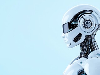 Futuristic humanoid robot profile against a soft blue background, showcasing advanced technology