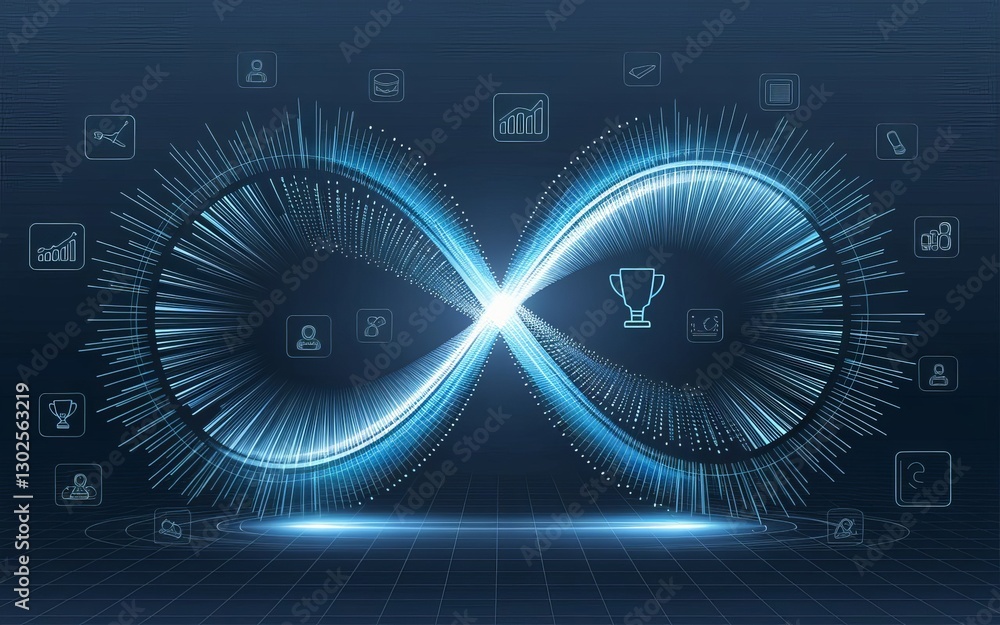 Poster infinity loop with business icons: a modern graphic depicting an infinity loop interwoven with busin