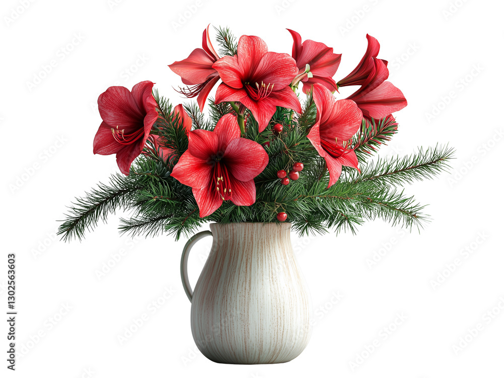Poster a beautiful arrangement of red amaryllis flowers and evergreen branches in a simple white pitcher. i