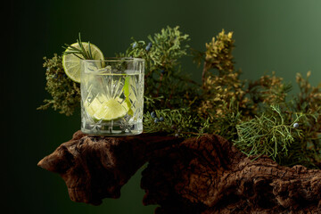 Cocktail gin and tonic with ice, lime, and rosemary on an old snag.