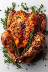 Roasted chicken garnished with herbs on a white background, ideal for culinary presentations