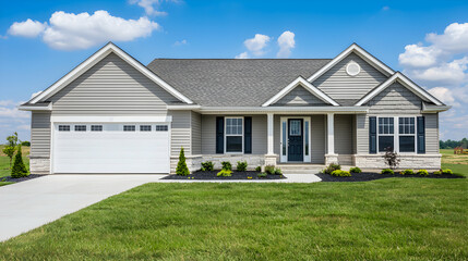Gray Ranch Style House with White Garage Door and Green Lawn