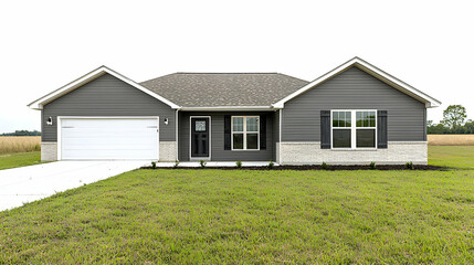 Gray Ranch Style House with White Trim and Stone Accents