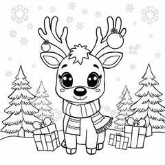 Fototapeta premium Cute Cartoon Reindeer Winter Scene with Christmas Gifts and Snowflakes Kawaii Style Line Drawing for Kids