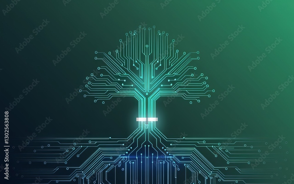 Poster digital ecosystem: a stylized depiction of a tree crafted from intricate circuit board pathways, rep