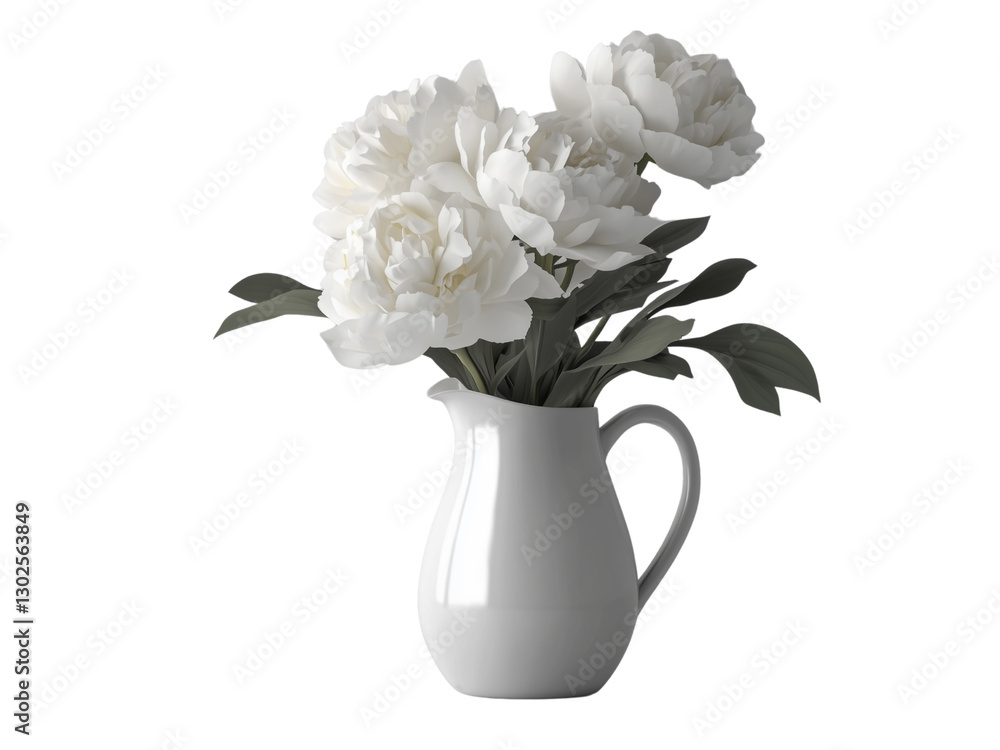 Poster a white pitcher holds delicate white flowers, creating a serene and elegant composition. isolated on
