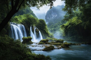 Fototapeta premium Lush Wilderness: Serene Landscape of Vietnam's Jungle with Cascading Waterfalls and Verdant Trees
