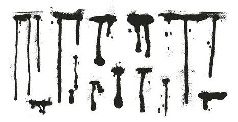 Grunge black liquid drips and splodges. Wet graffiti blot shapes. Wet aerosol grafitti spray. Dirty inkblot and melt spots. Vector hand drawn ink splatters set isolated on white background. © Syuzann q