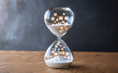 Time's Digital Flow: An hourglass, filled with falling sand and illuminated icons, symbolizes the passage of time in the digital age. A metaphor for information, communication.