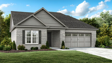 Gray Stone House with Green Lawn and Garage