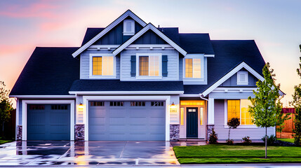 Gray Two Story House at Dusk