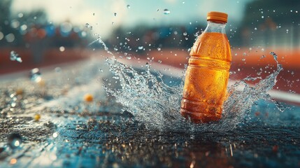 Vivid sports drink bottle crashes into the racetrack surface, scattering water in a striking display of refreshment and energy.
