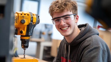 Happy young man in safety glasses smiling near a drill press in a workshop.