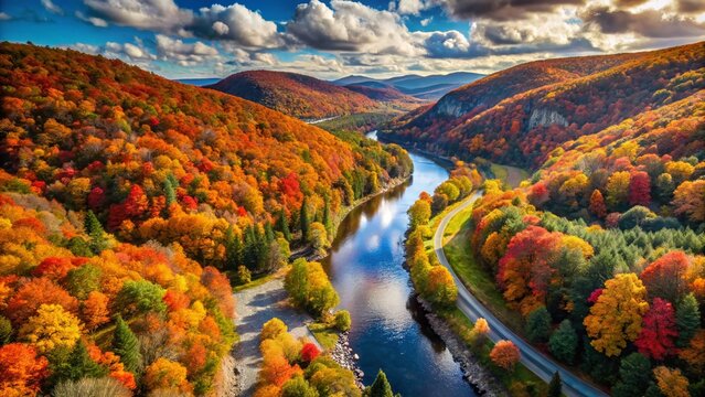 Drone Aerial View: Mohawk Trail & Deerfield River, Western Massachusetts, New England Fall Foliage