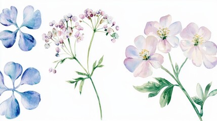 A collection of delicate watercolor flowers showcasing soft colors and intricate details, perfect for floral design inspiration. isolated on white background.