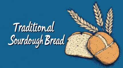 Sourdough bread logo depicting artisanal loaves and wheat on a blue background for a bakery or cafe setting. National Sourdough Bread Day