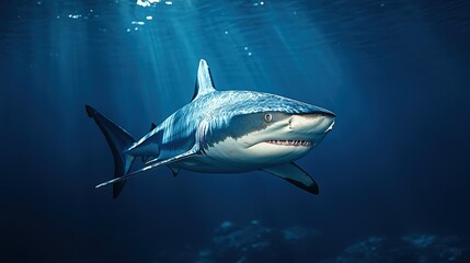 Naklejka premium A majestic blue shark swims gracefully through vibrant azure waters, gliding rightward with its sleek form cutting through the waves