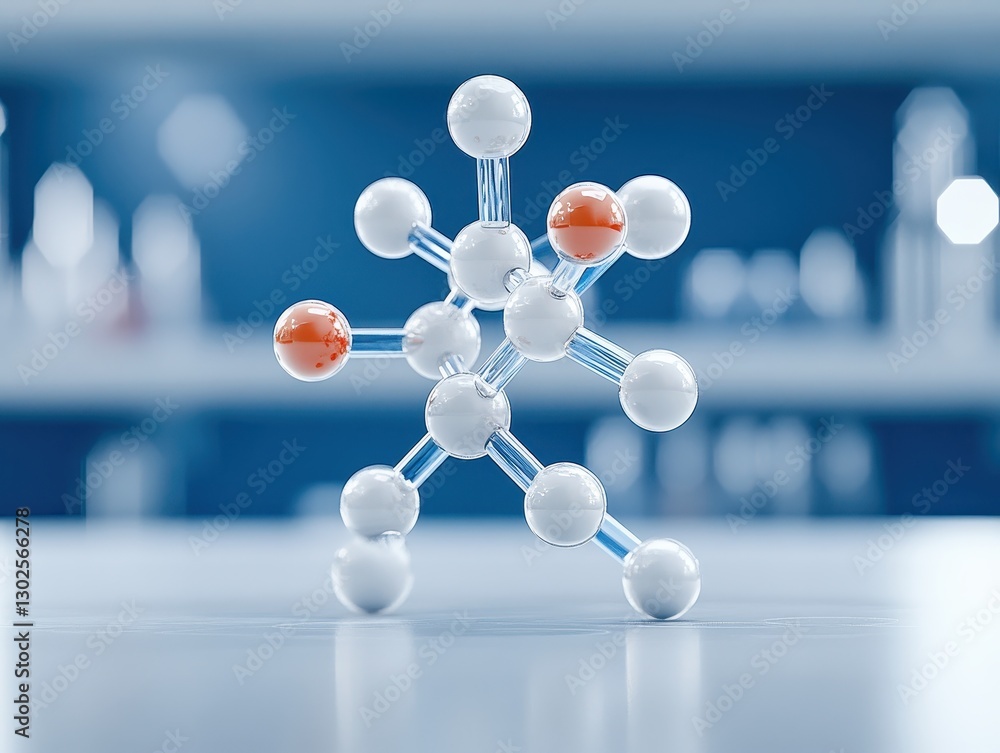 Poster molecular model showcasing atomic structure with blurred laboratory background