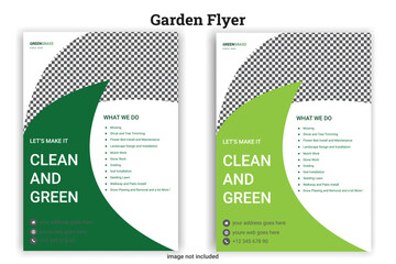 Garden flyer it color is green  lawn care garden or landscaping services Tree and gardening service poster leaflet design. lawnmower flyer template