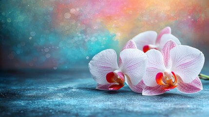 Delicate orchids in a refined flat design vibrant background floral art indoor setting close-up view tranquil concept
