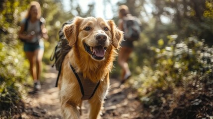 Obraz premium Golden Retriever Hiking on Forest Trail with Backpack