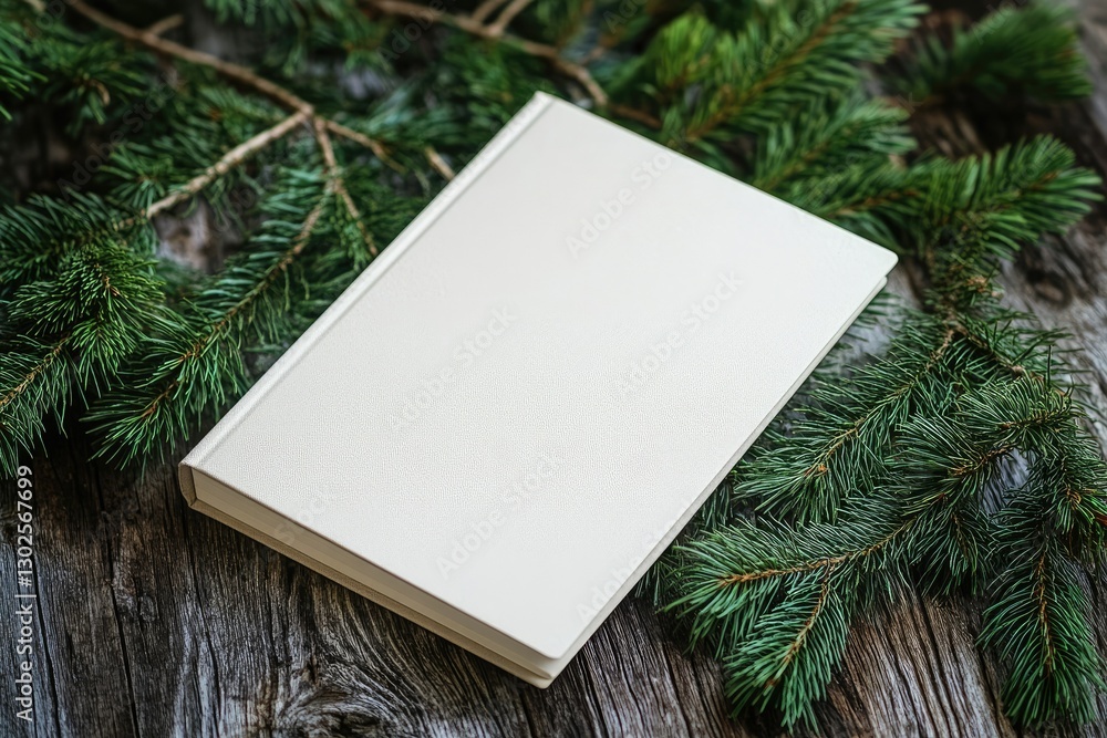 Poster high definition visual of notebook mockup with pine branches
