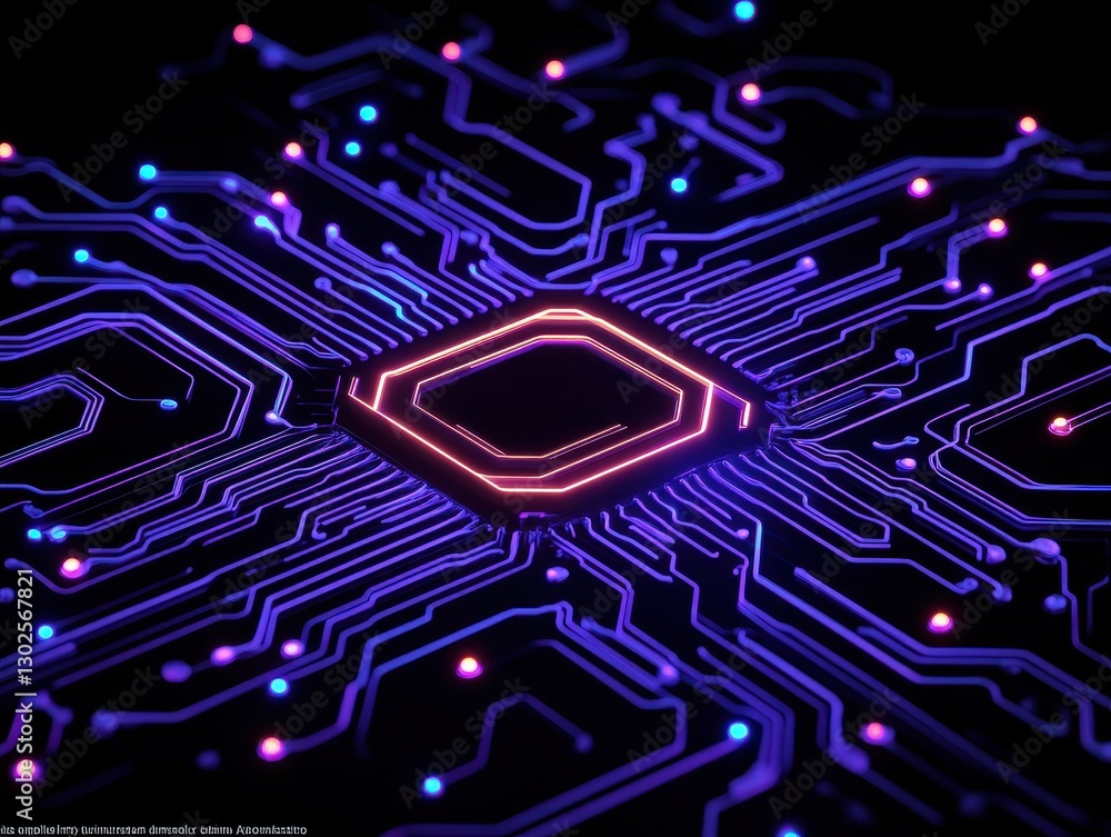 Poster close-up view of a futuristic microchip with vibrant circuitry glowing in neon colors