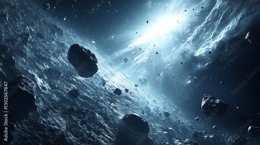 Wall mural space rocks flying. asteroids floating in dark sky. cosmic scene. outer space. celestial view. light