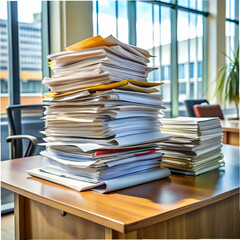pile of unfinished documents on office desk