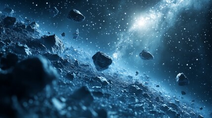 Asteroids float in space. Many rocks near planet. Universe view with bright light and stars. Blue tint picture. Scene of deep space and celestial bodies.