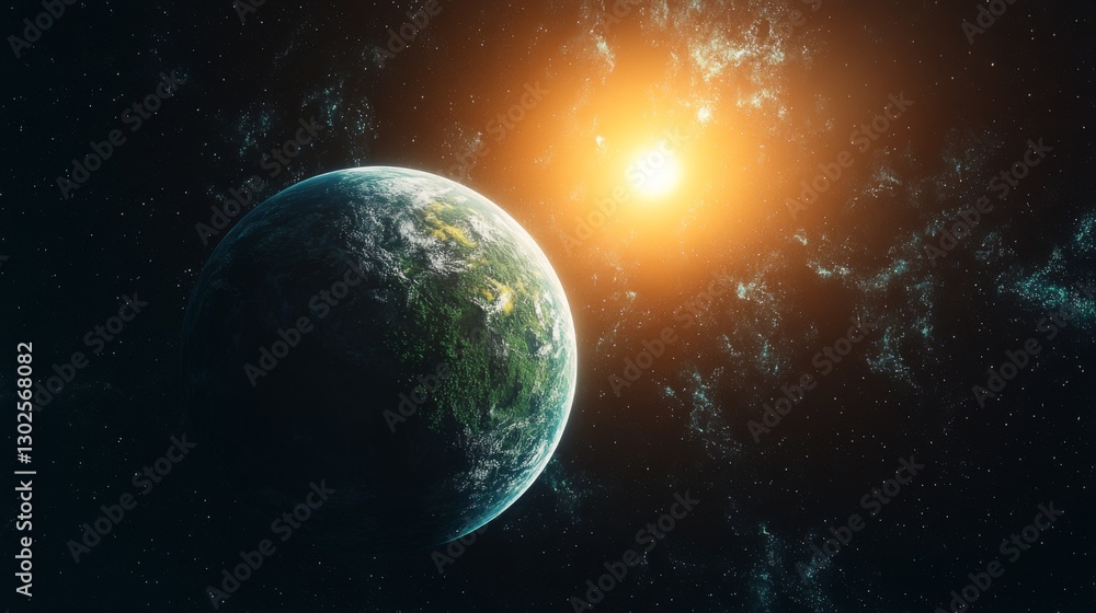 Wall mural green planet in space. star light and dark sky. fantasy world with trees and clouds. distant univers