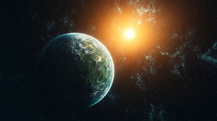 Obraz premium Green planet in space. Star light and dark sky. Fantasy world with trees and clouds. Distant universe with bright sun.