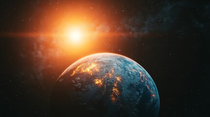 Planet view from space. Star shining bright. Surface glows with light. Cosmos and galaxy backdrop. Exploration of universe. Distant world in orbit.