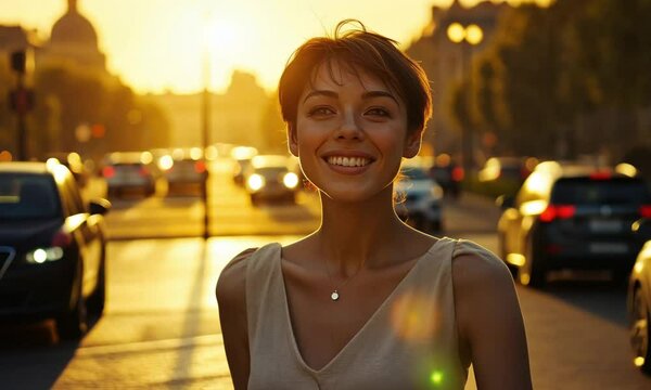 Smiling Woman at Sunset in Parisian Street