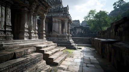 Fototapeta premium Exploring ancient pilgrimage routes to sacred temples historic site travel guide serene environment elevated perspective