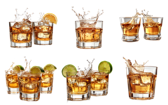 set of Glasses, shot of tequila, making toast with splash isolated on transparent or white background, png