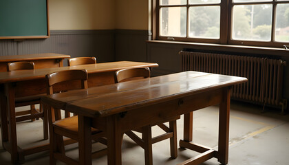 Fototapeta premium Empty classroom with wooden desks and large window