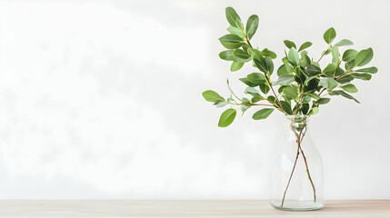 Obraz premium Green Eucalyptus Branches in Clear Glass Vase on White Wooden Table